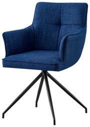 Blauer Armlehnstuhl mit vier schwarzen Metallbeinen, seitliche Perspektive