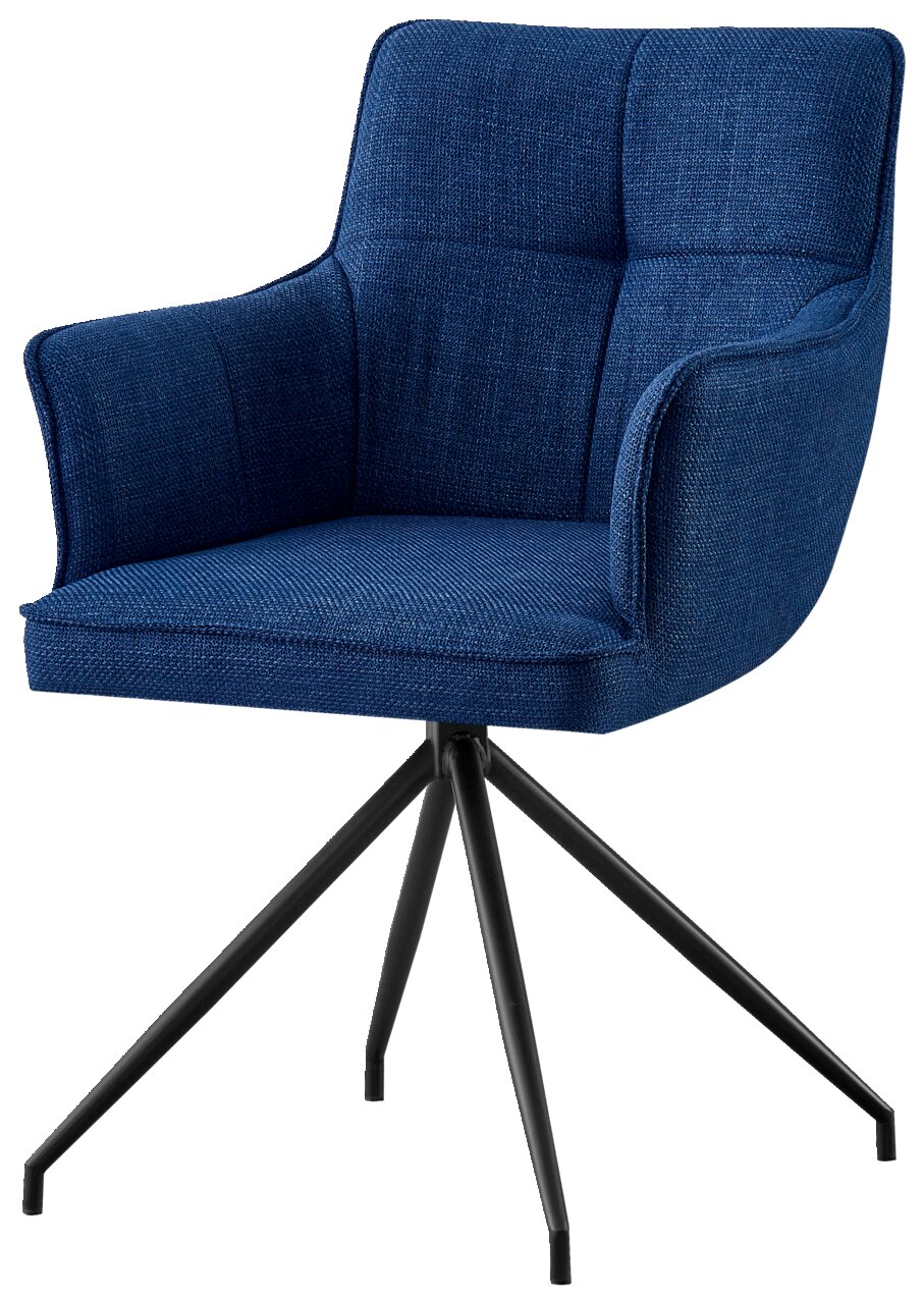 Blauwe fauteuil met vier zwarte metalen poten, zijaanzicht