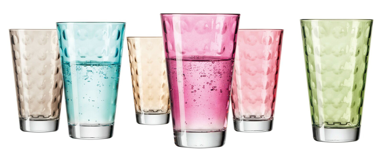 Sechsteiliges Becherset mit 300 ml Fassungsvermögen in verschiedenen Farben, aus seitlicher Perspektive fotografiert.