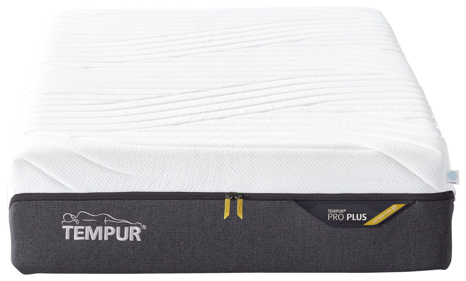 Tempur PRO PLUS CoolQuilt Matratze in der Größe 90x200 cm, Vorderansicht mit sichtbarem Logo und Reißverschluss.