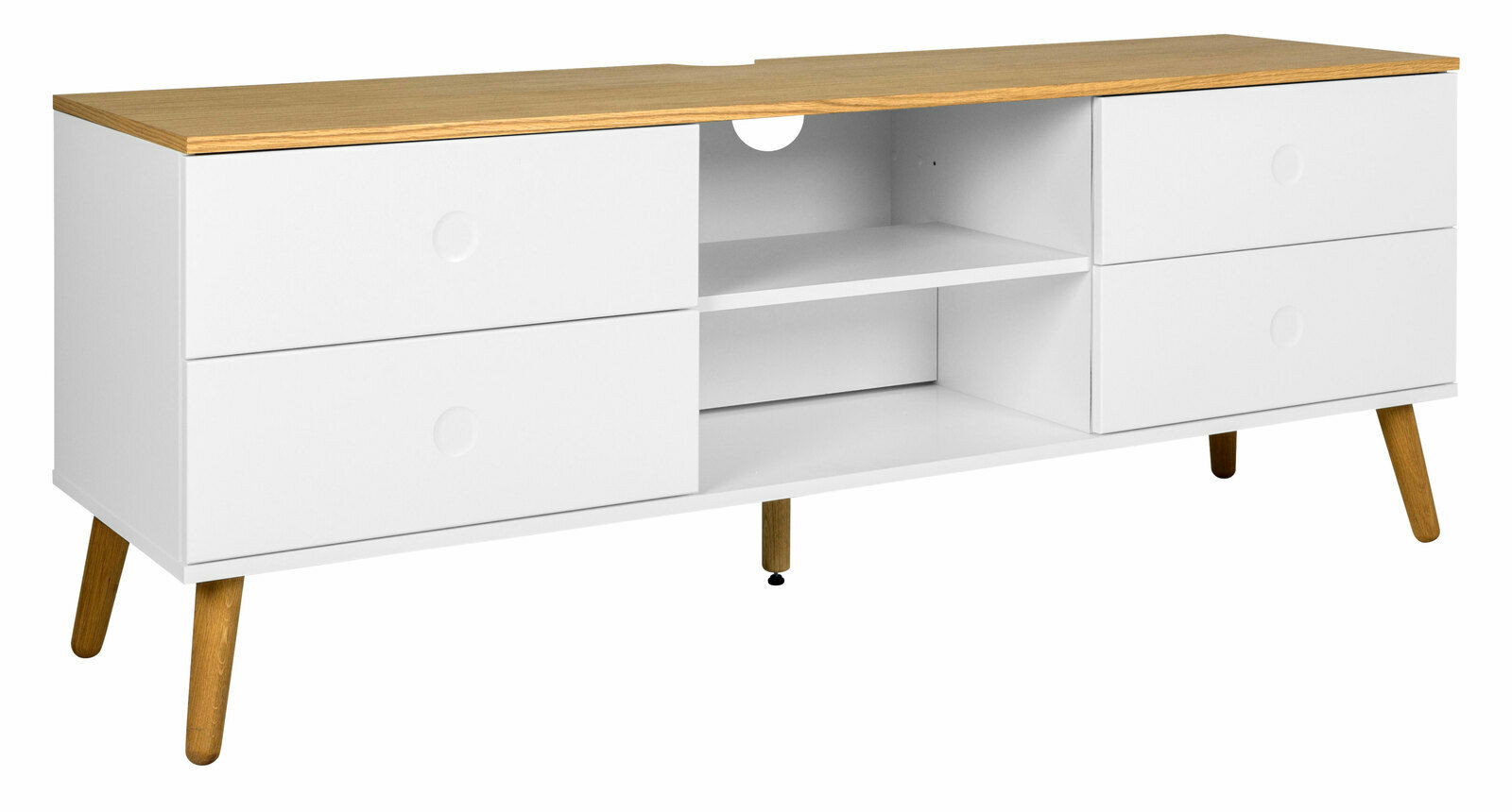 Z2 TV-Lowboard DOT Weißes TV-Board mit vier Schubladen und offenen Fächern, Holzbeine, seitliche Perspektive