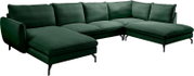 Dunkelgrünes U-förmiges Ecksofa mit Cordbezug, zwei Ottomane-Elementen und schwarzen Metallfüßen, freigestellt auf weißem Hintergrund, Perspektive: schräg von vorne