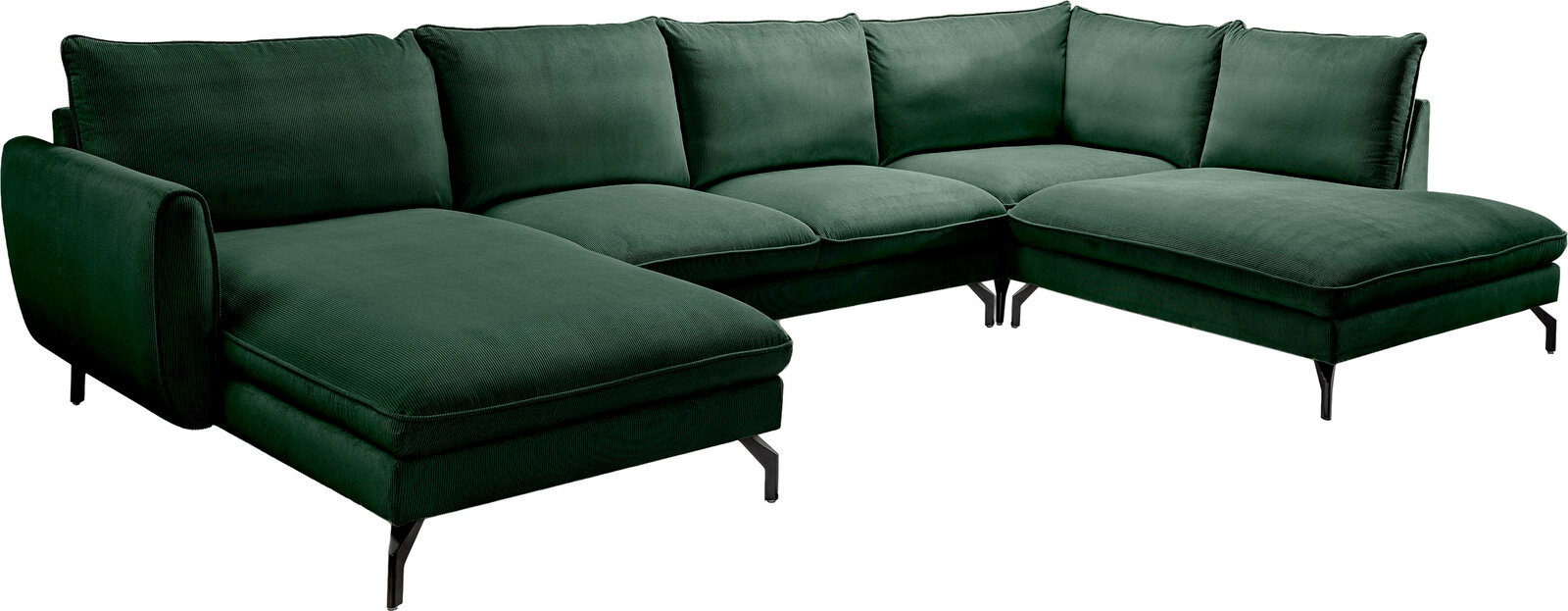 Dunkelgrünes U-förmiges Ecksofa mit Cordbezug, zwei Ottomane-Elementen und schwarzen Metallfüßen, freigestellt auf weißem Hintergrund, Perspektive: schräg von vorne