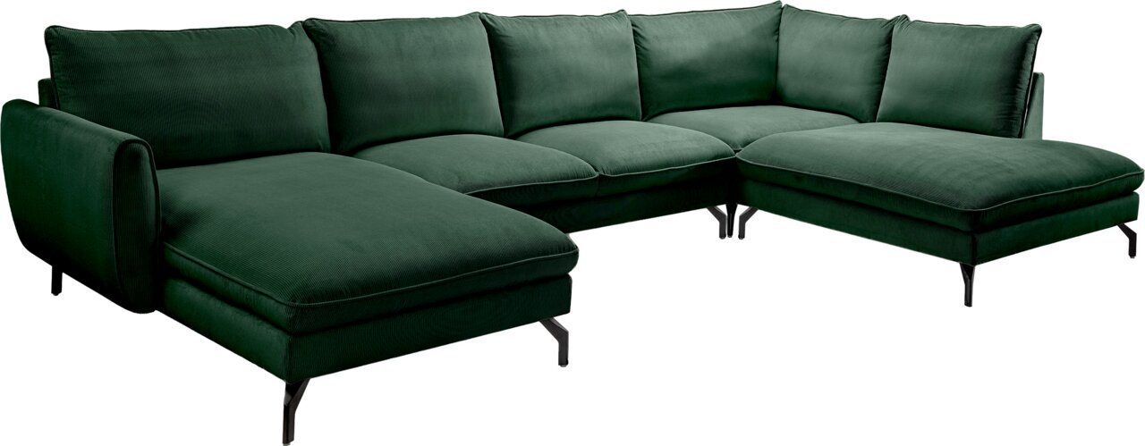 Dunkelgrünes U-förmiges Ecksofa mit Cordbezug, zwei Ottomane-Elementen und schwarzen Metallfüßen, freigestellt auf weißem Hintergrund, Perspektive: schräg von vorne