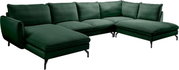 Dunkelgrünes U-förmiges Ecksofa mit Cordbezug, zwei Ottomane-Elementen und schwarzen Metallfüßen, freigestellt auf weißem Hintergrund, Perspektive: schräg von vorne