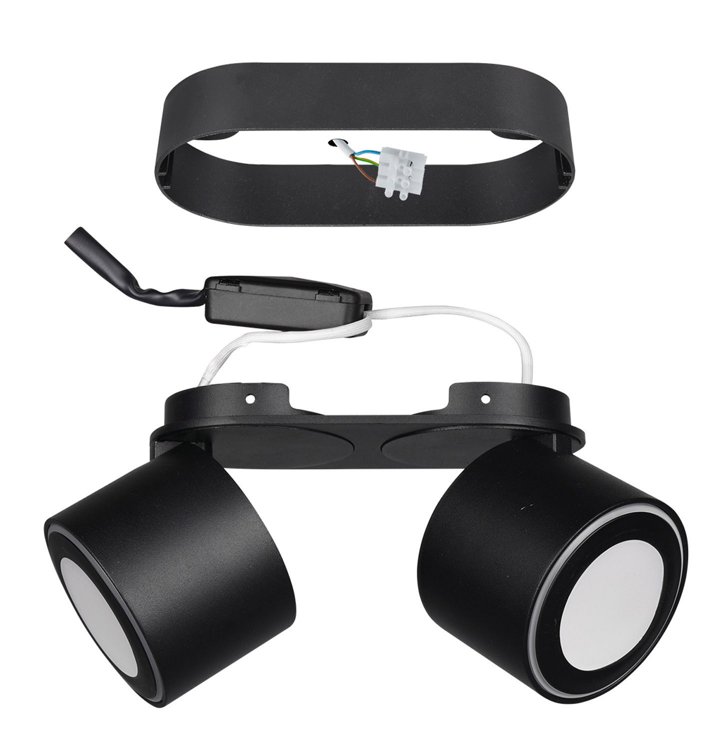Zweifacher LED-Einbau- und Aufbauspot TAURUS in schwarzer Farbe, von oben betrachtet, mit sichtbaren Kabeln und Anschluss.