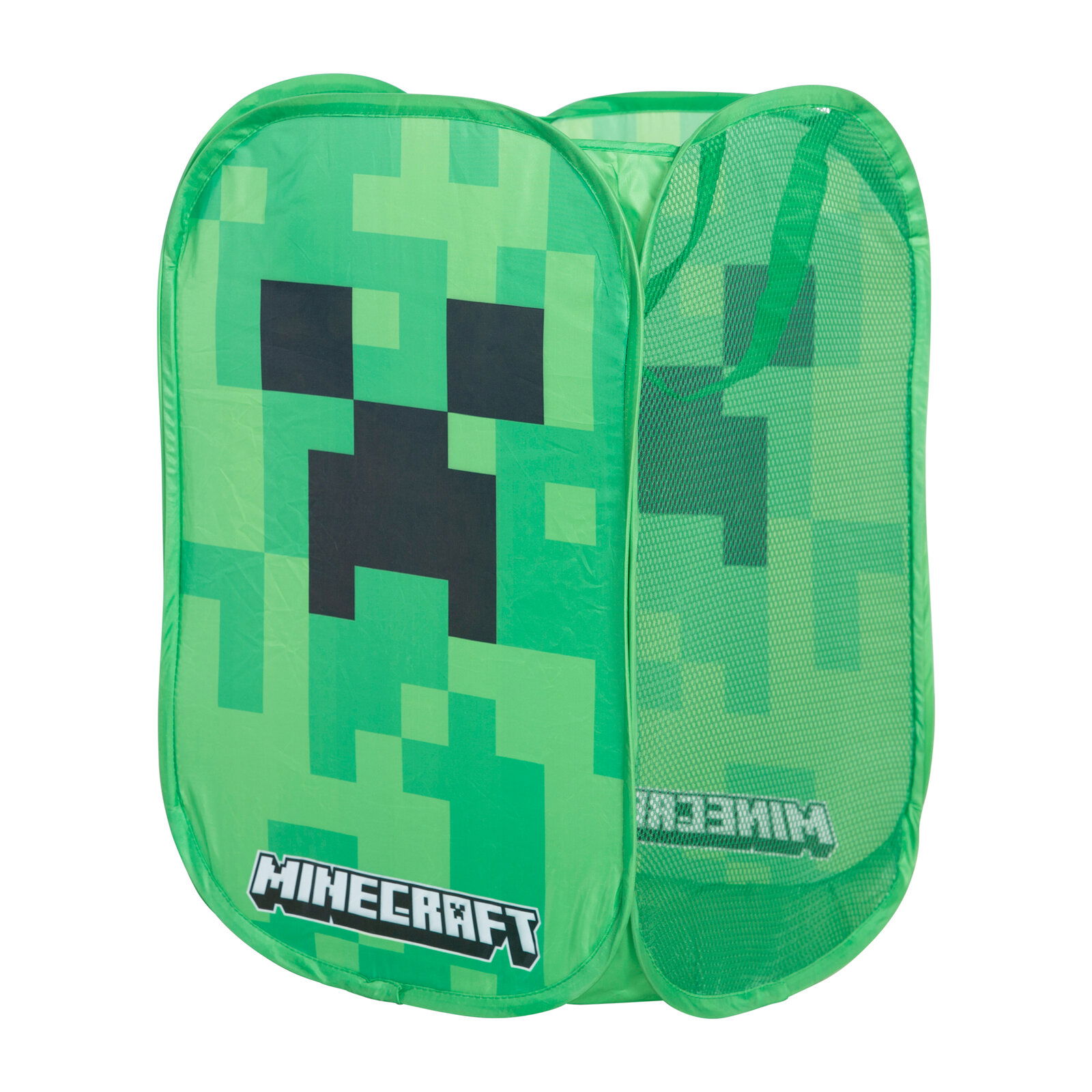 Grüner Minecraft Wäschekorb/Pop-up-Aufbewahrungskorb mit Creeper-Gesicht und Mesh-Seite, schräg von vorn links fotografiert