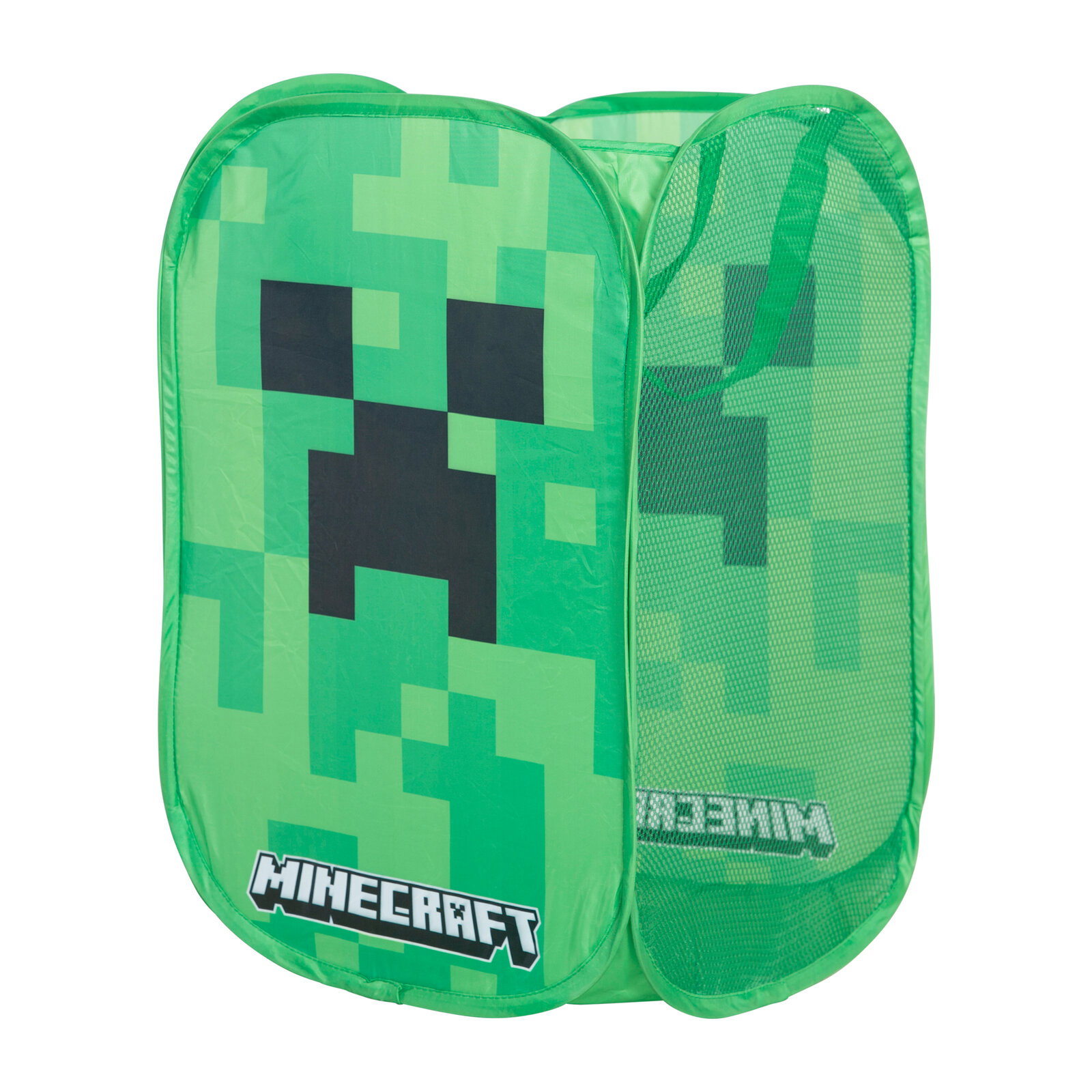 Grüner Minecraft Wäschekorb/Pop-up-Aufbewahrungskorb mit Creeper-Gesicht und Mesh-Seite, schräg von vorn links fotografiert