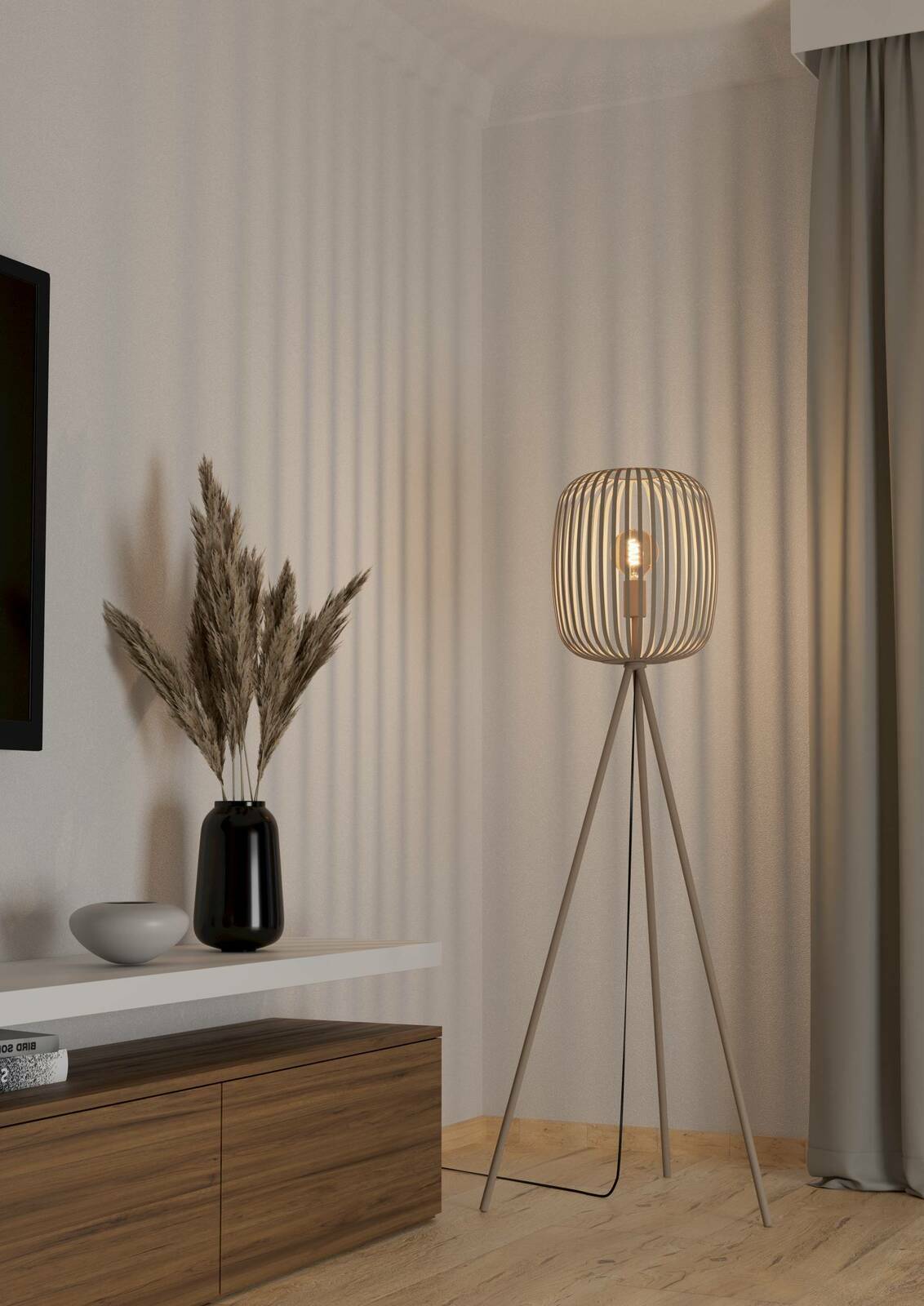 Eglo Leuchten Stehleuchte ROMAZZINA Moderne Stehleuchte ROMAZZINA mit dreibeinigem Stativ und offenem Lampenschirm in einem stilvollen Wohnzimmer, seitliche Perspektive