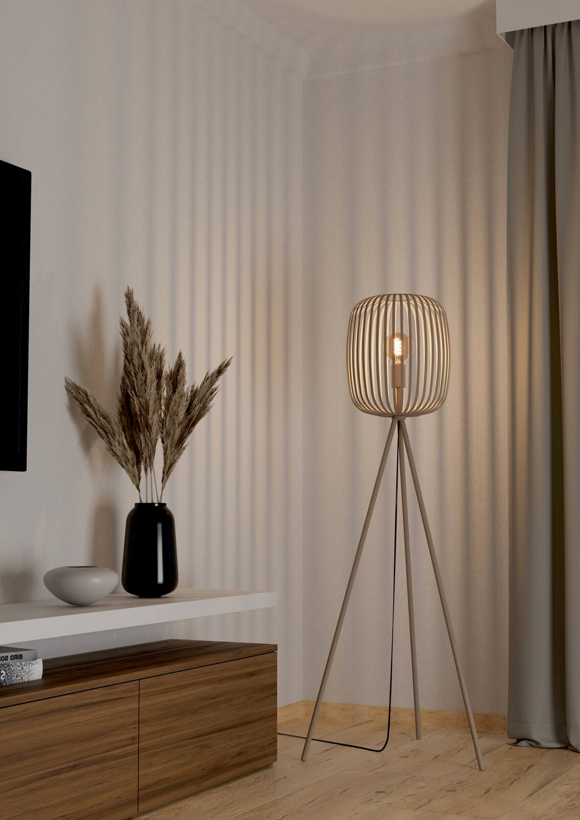 Eglo Leuchten Stehleuchte ROMAZZINA Moderne Stehleuchte ROMAZZINA mit dreibeinigem Stativ und offenem Lampenschirm in einem stilvollen Wohnzimmer, seitliche Perspektive