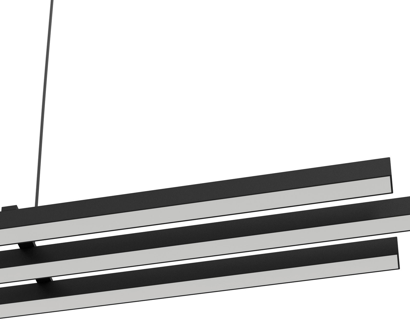 Moderne LED-Hängeleuchte mit drei parallelen, schwarzen Balken aus seitlicher Perspektive.