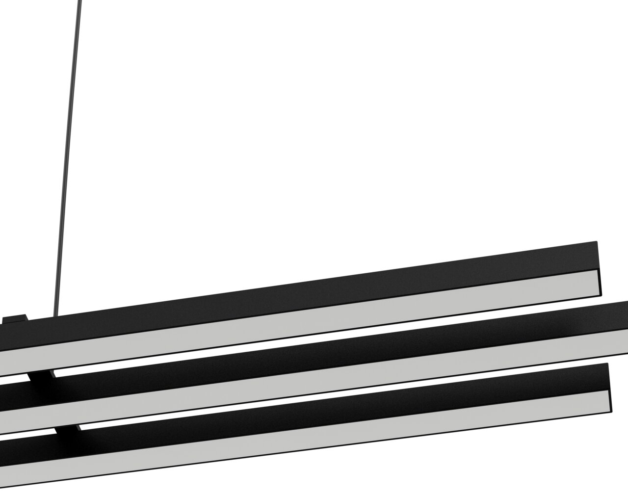 Novel LED-Hängeleuchte Moderne LED-Hängeleuchte mit drei parallelen, schwarzen Balken aus seitlicher Perspektive.