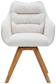 Frontansicht eines weißen Armlehnstuhls mit gepolsterter Rückenlehne und Holzbeinen.