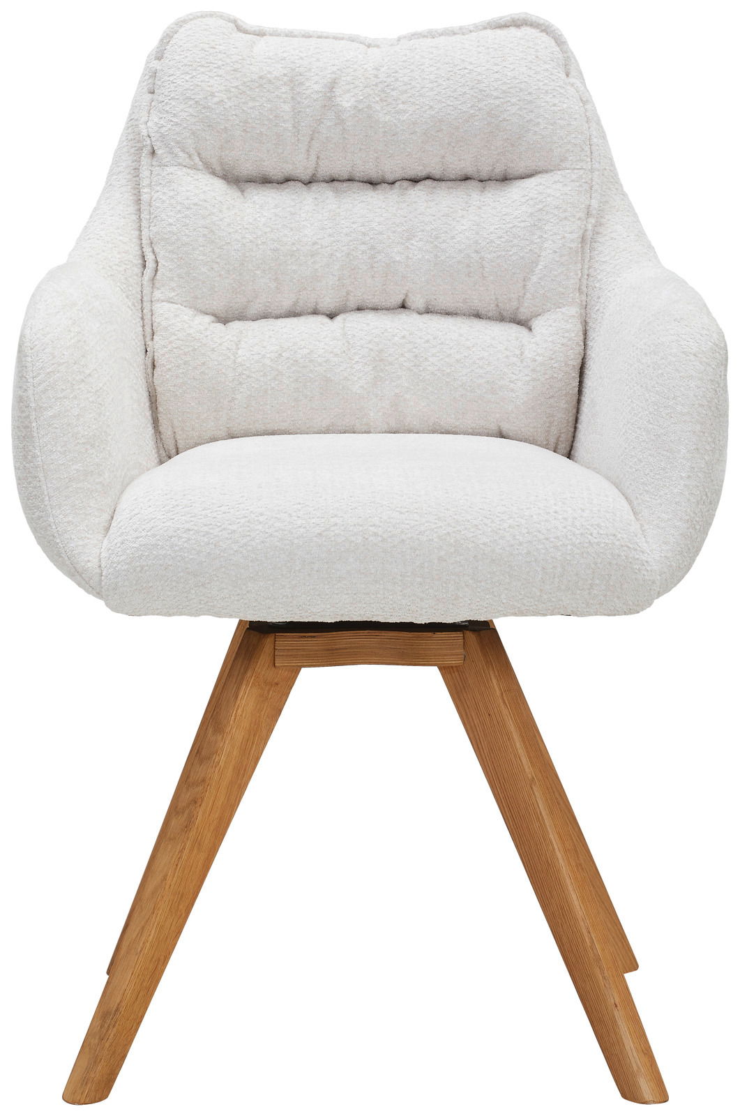 Frontansicht eines weißen Armlehnstuhls mit gepolsterter Rückenlehne und Holzbeinen.