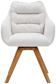 Frontansicht eines weißen Armlehnstuhls mit gepolsterter Rückenlehne und Holzbeinen.