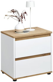 Moderne Nachtkommode mit weißem Korpus und Holzoberfläche, dekoriert mit einer Vase und einer Lampe, seitliche Perspektive