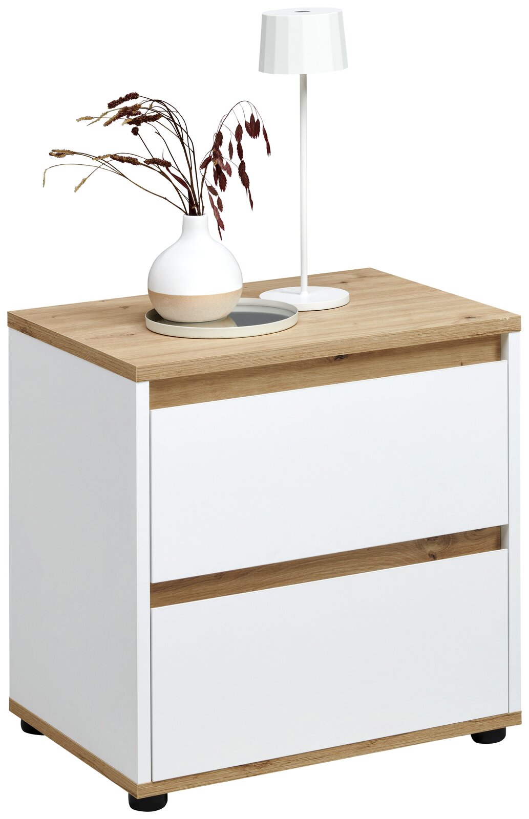Moderne Nachtkommode mit weißem Korpus und Holzoberfläche, dekoriert mit einer Vase und einer Lampe, seitliche Perspektive