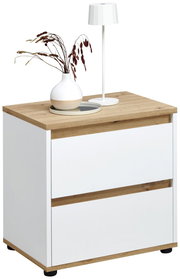 Moderne Nachtkommode mit weißem Korpus und Holzoberfläche, dekoriert mit einer Vase und einer Lampe, seitliche Perspektive