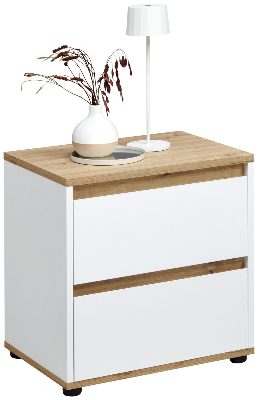Moderne Nachtkommode mit weißem Korpus und Holzoberfläche, dekoriert mit einer Vase und einer Lampe, seitliche Perspektive