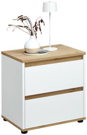 Moderne Nachtkommode mit weißem Korpus und Holzoberfläche, dekoriert mit einer Vase und einer Lampe, seitliche Perspektive