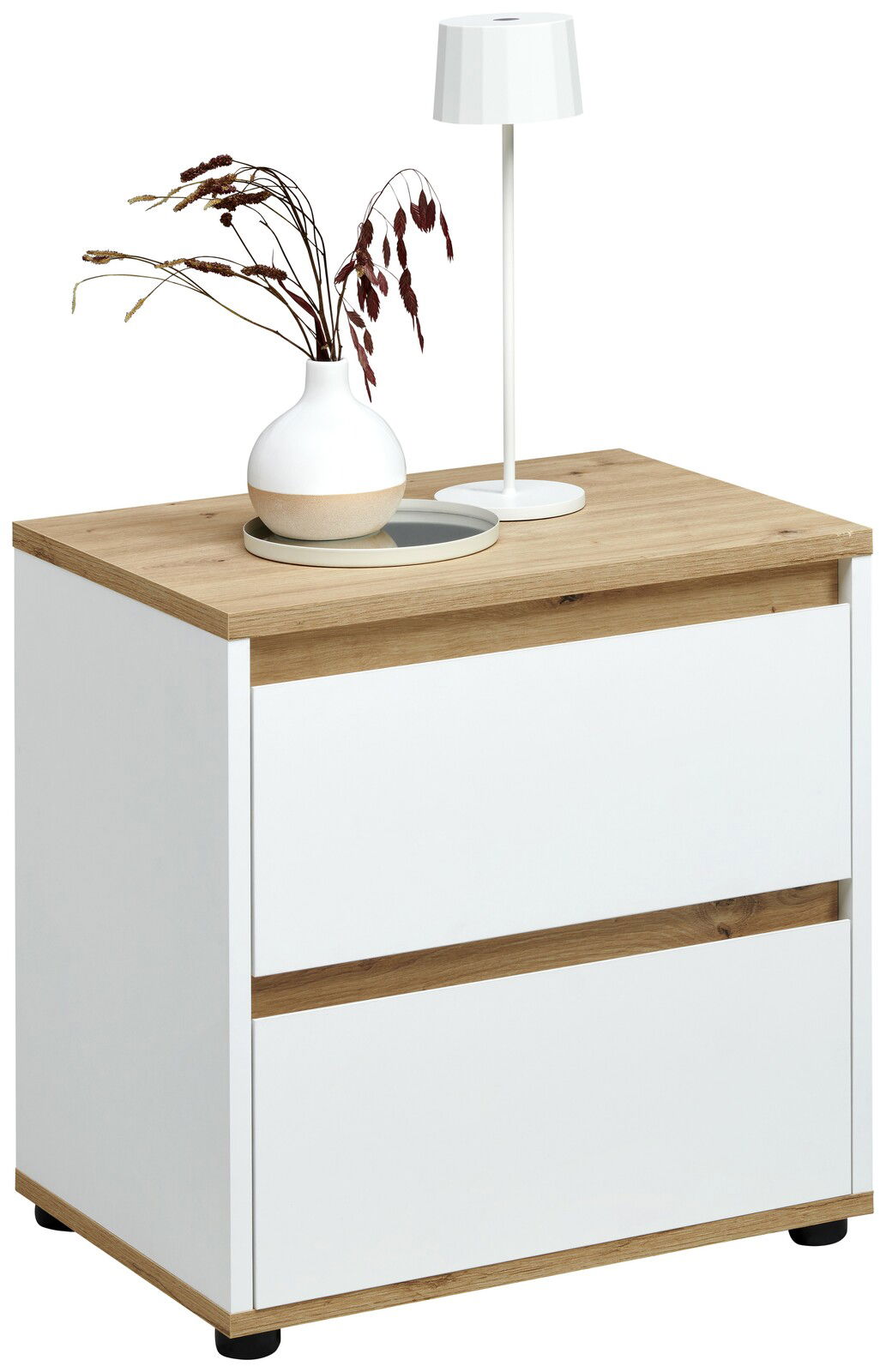 Moderne Nachtkommode mit weißem Korpus und Holzoberfläche, dekoriert mit einer Vase und einer Lampe, seitliche Perspektive