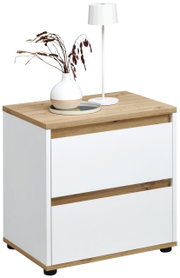 Moderne Nachtkommode mit weißem Korpus und Holzoberfläche, dekoriert mit einer Vase und einer Lampe, seitliche Perspektive