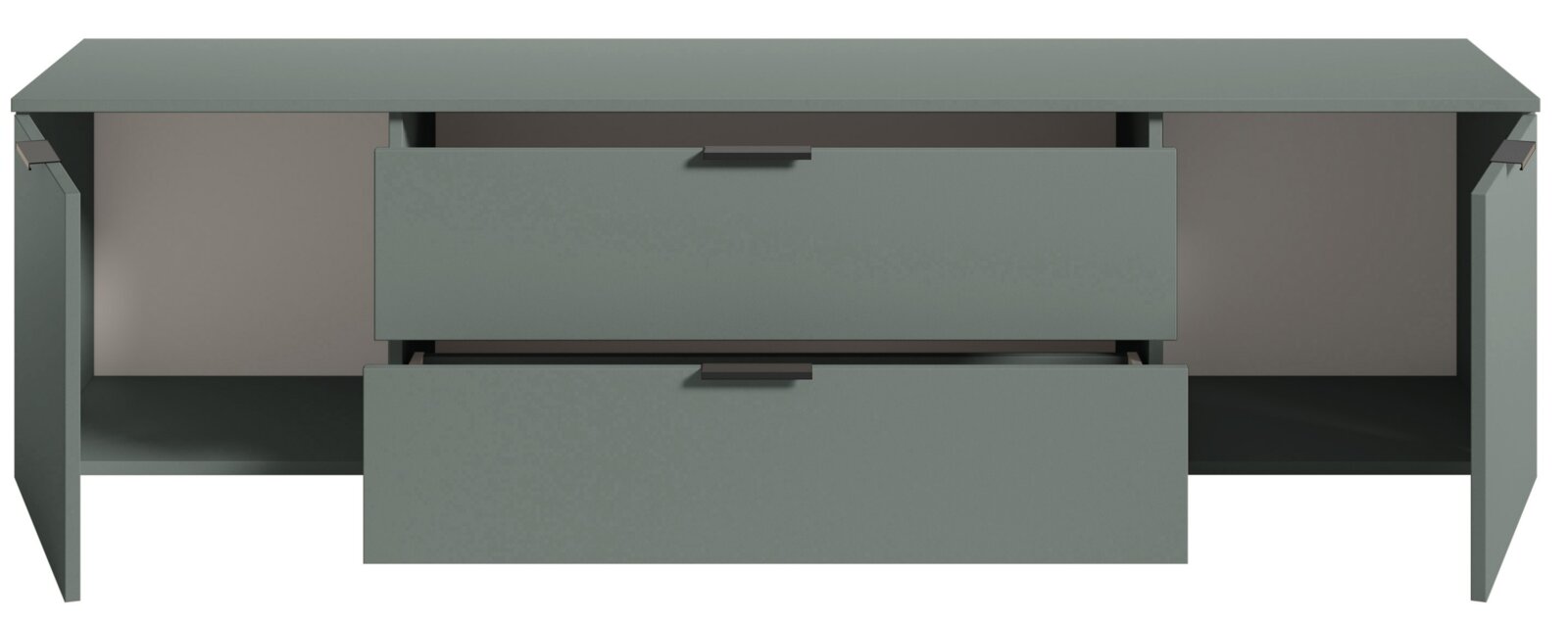 TV-Lowboard XORA Kommode LINZ in grauer Farbe, mit zwei offenen Schubladen und zwei seitlichen Türen, Frontalansicht.
