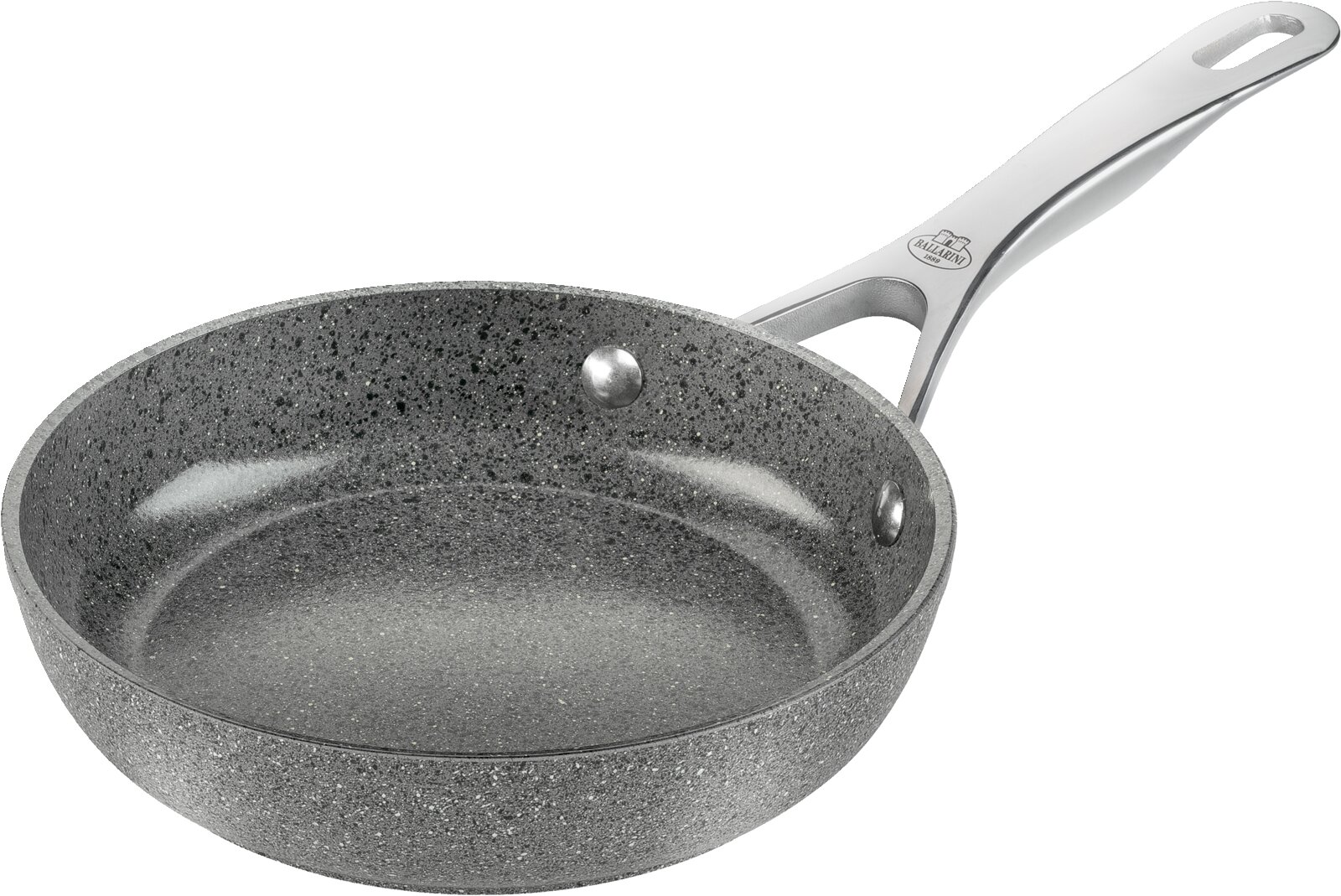 Graue Bratpfanne mit 20 cm Durchmesser, seitliche Perspektive