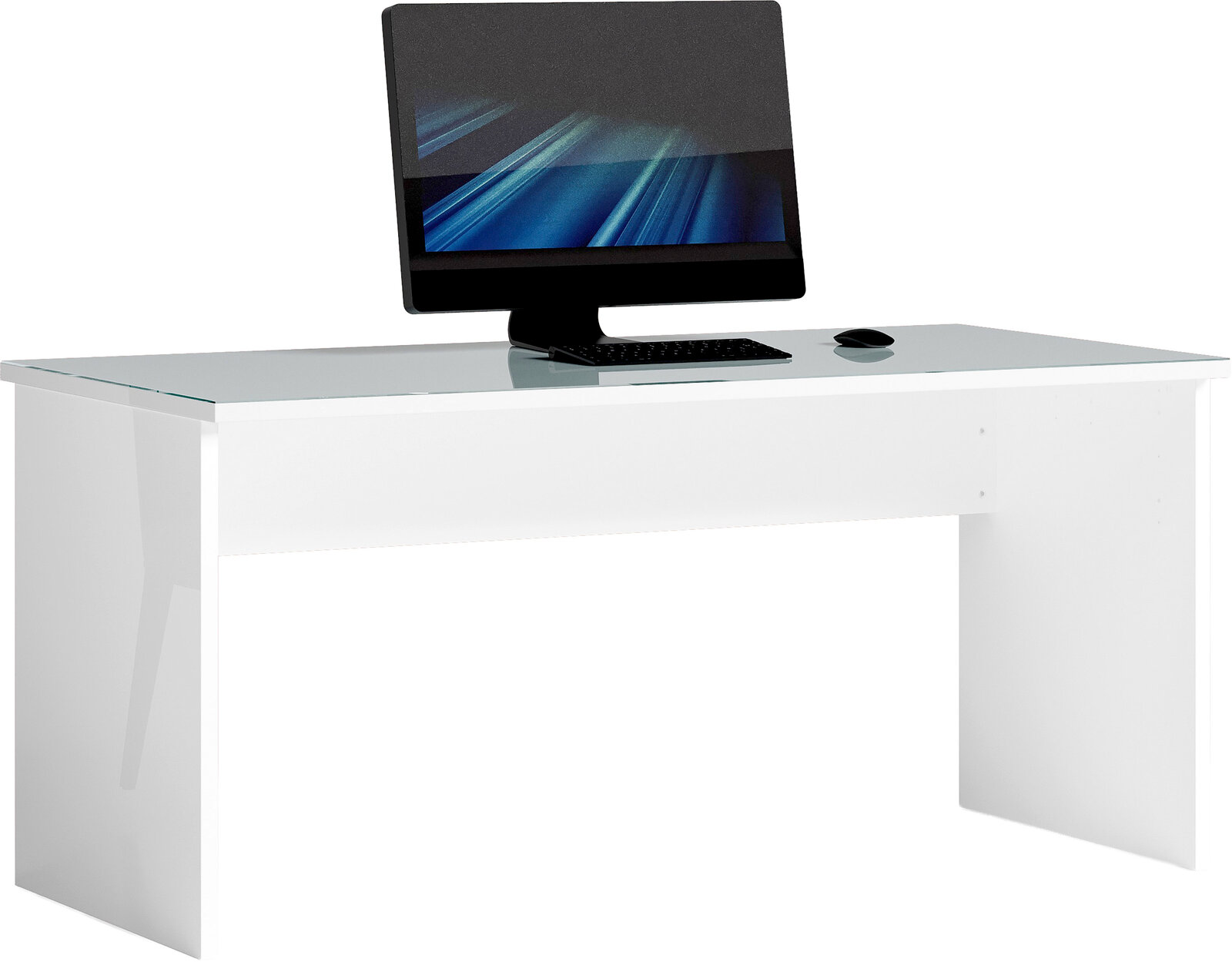 Stylife Schreibtisch PADUA OFFICE Moderner weißer Schreibtisch mit Glasplatte, darauf ein Computer, Tastatur und Maus, frontal betrachtet.