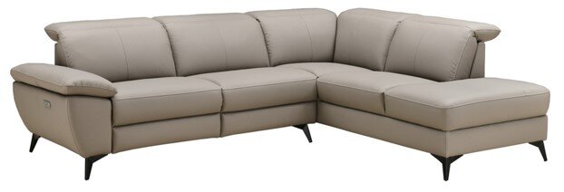 Ecksofa XORA PARIS in beigem Leder, Perspektive von vorne links, mit verstellbaren Rückenlehnen und modernen schwarzen Füßen.