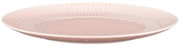 Rosa Frühstücksteller mit geriffeltem Rand, seitliche Perspektive