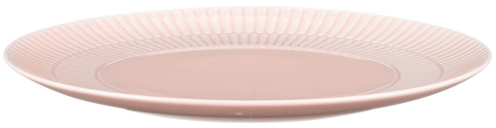 Rosa Frühstücksteller mit geriffeltem Rand, seitliche Perspektive