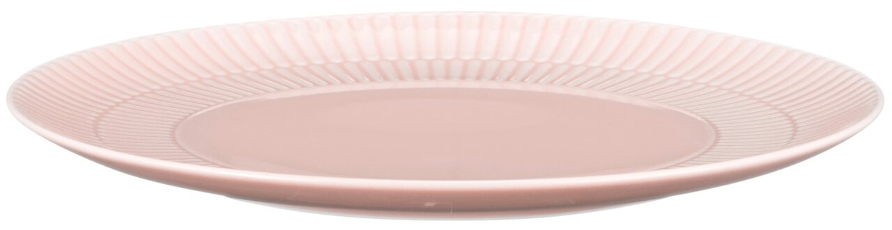 Rosa Frühstücksteller mit geriffeltem Rand, seitliche Perspektive