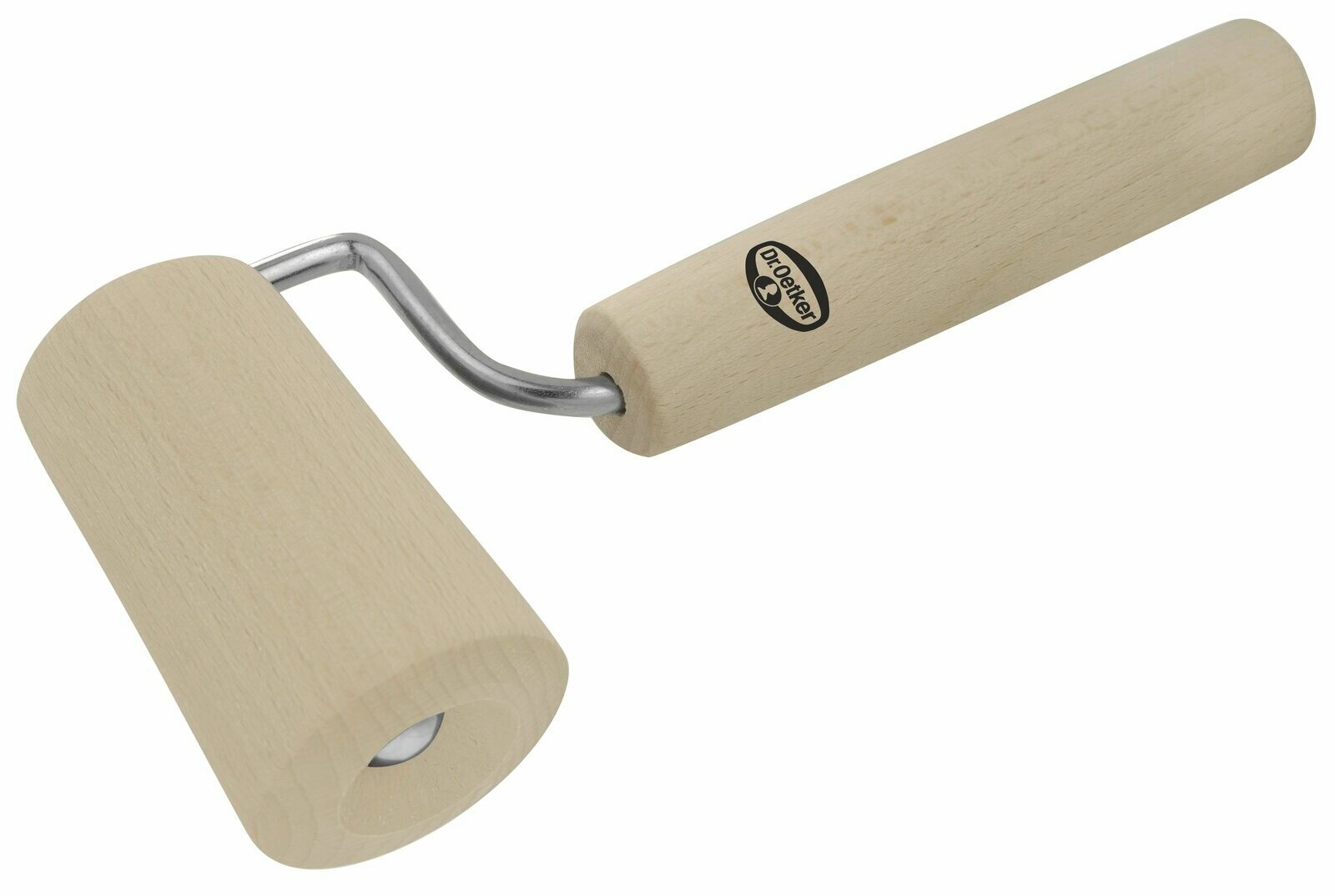 Kleiner Holzteigroller mit Holzgriff und Metallverbindung, seitliche Perspektive