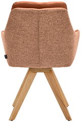 Rückansicht eines Armlehnstuhls mit braunem Stoffbezug und Holzbeinen