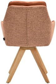 Rückansicht eines Armlehnstuhls mit braunem Stoffbezug und Holzbeinen