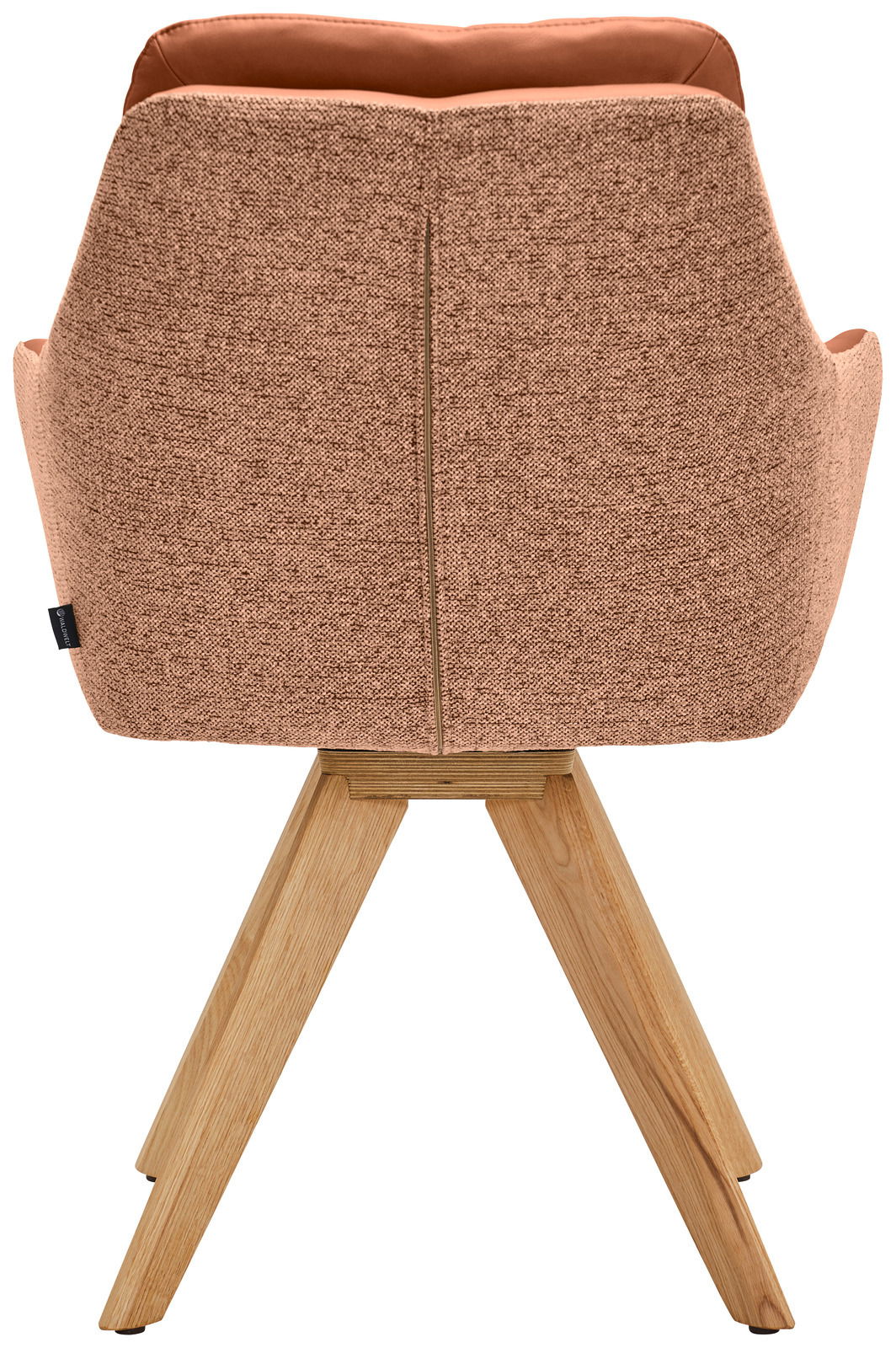 Rückansicht eines Armlehnstuhls mit braunem Stoffbezug und Holzbeinen