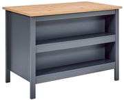 Kücheninsel mit grauem Korpus und Holzarbeitsplatte, seitliche Perspektive