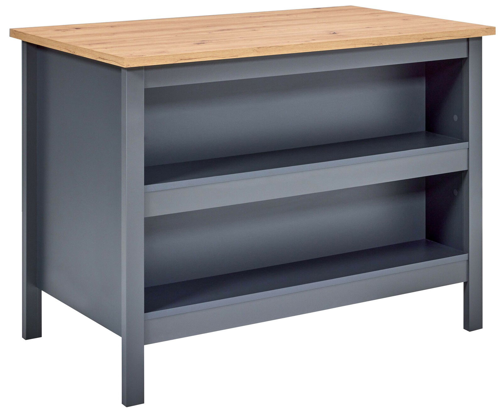 Kücheninsel mit grauem Korpus und Holzarbeitsplatte, seitliche Perspektive