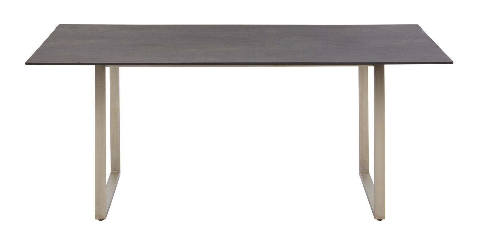 Moderner Loungetisch mit dunkler Tischplatte und metallischen Beinen, Frontalansicht.