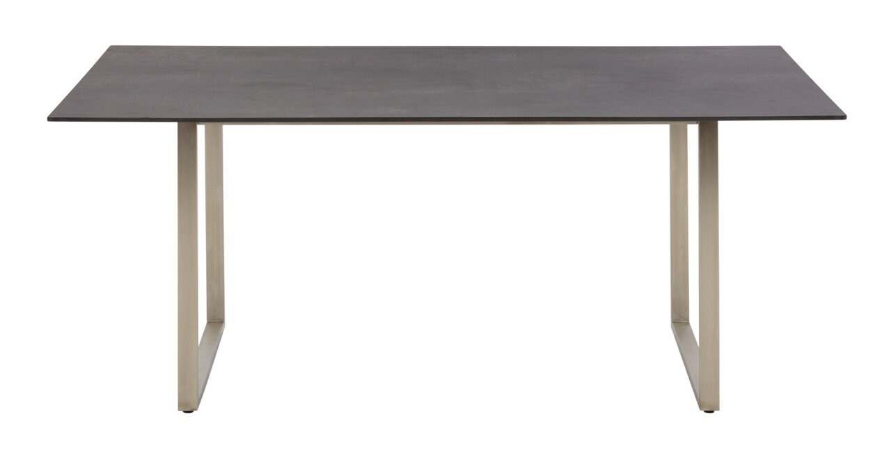 Moderner Loungetisch mit dunkler Tischplatte und metallischen Beinen, Frontalansicht.