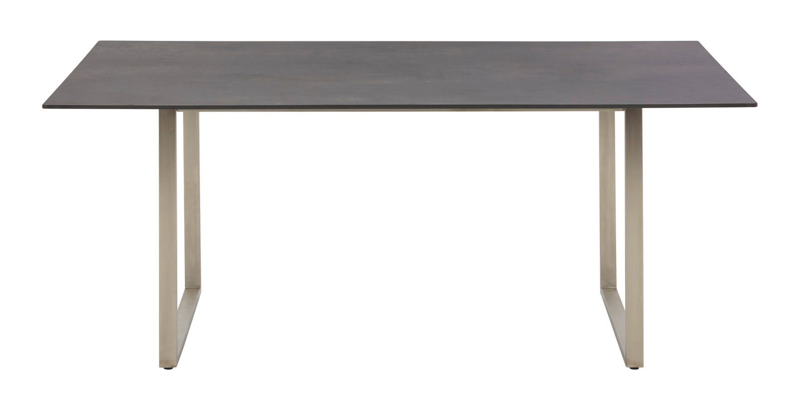 Moderner Loungetisch mit dunkler Tischplatte und metallischen Beinen, Frontalansicht.