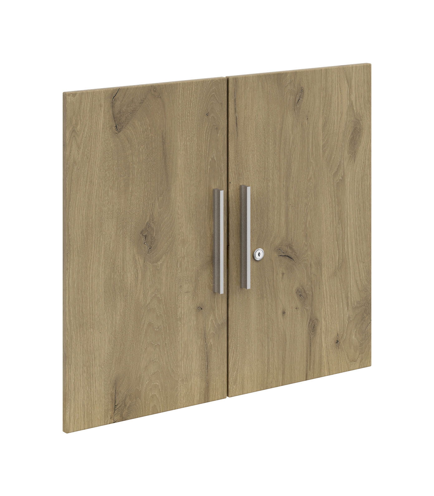 Holztüren-Set mit zwei Türen und silbernen Griffen, seitliche Perspektive