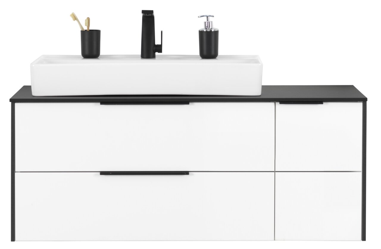 Voleo Waschtisch-Set STELLA Modernes Waschtisch-Set mit weißem Waschbecken und schwarzem Wasserhahn, frontal betrachtet.