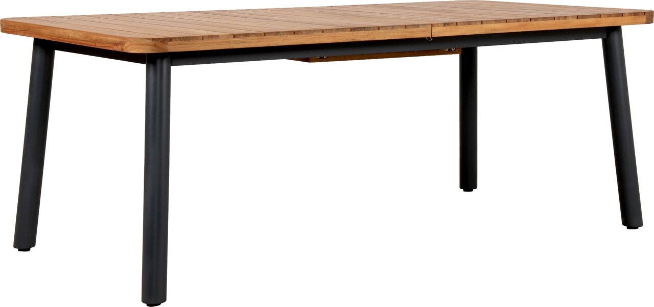 Ambia Garden Gartenausziehtisch BRINDISI Moderner Gartenausziehtisch mit Holzplatte und schwarzen Metallbeinen, seitliche Perspektive