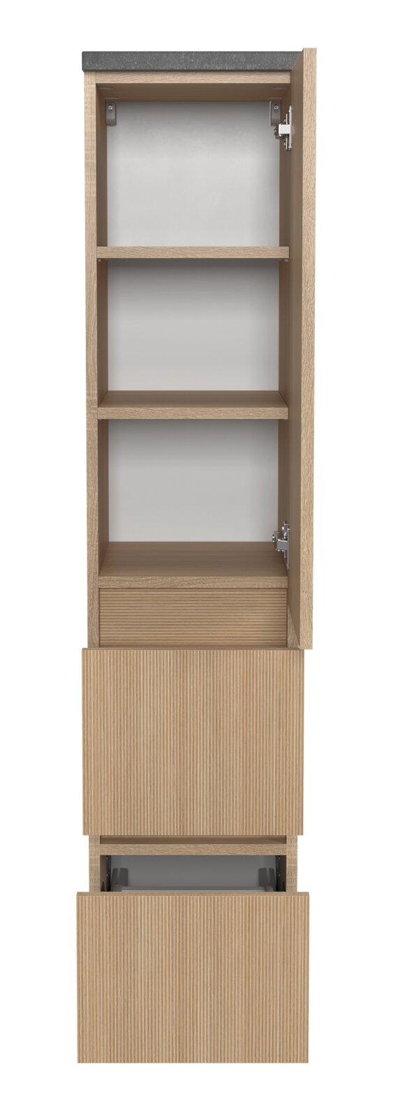 Offener Midischrank aus Holz mit zwei Schubladen und zwei Regalböden, Frontalansicht