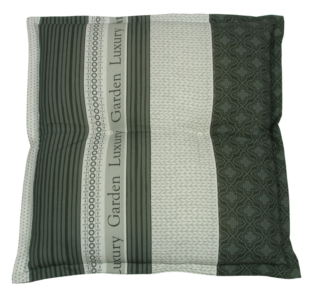 Grüne und weiße Hockerauflage mit Streifen- und Musterdesign, Draufsicht