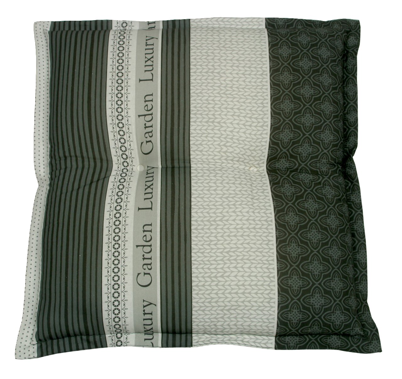 Grüne und weiße Hockerauflage mit Streifen- und Musterdesign, Draufsicht