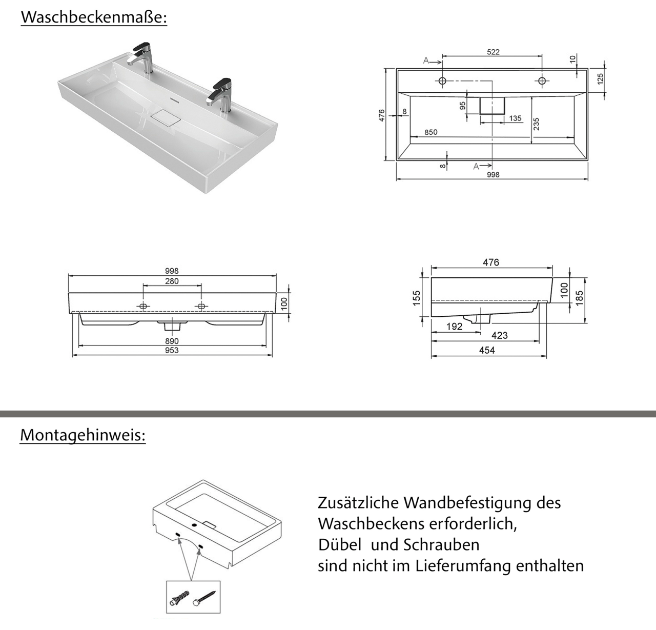 Waschtisch-Set für zwei Armaturen, rechteckig, mit Abmessungen und Montagehinweis, Draufsicht und Seitenansicht.