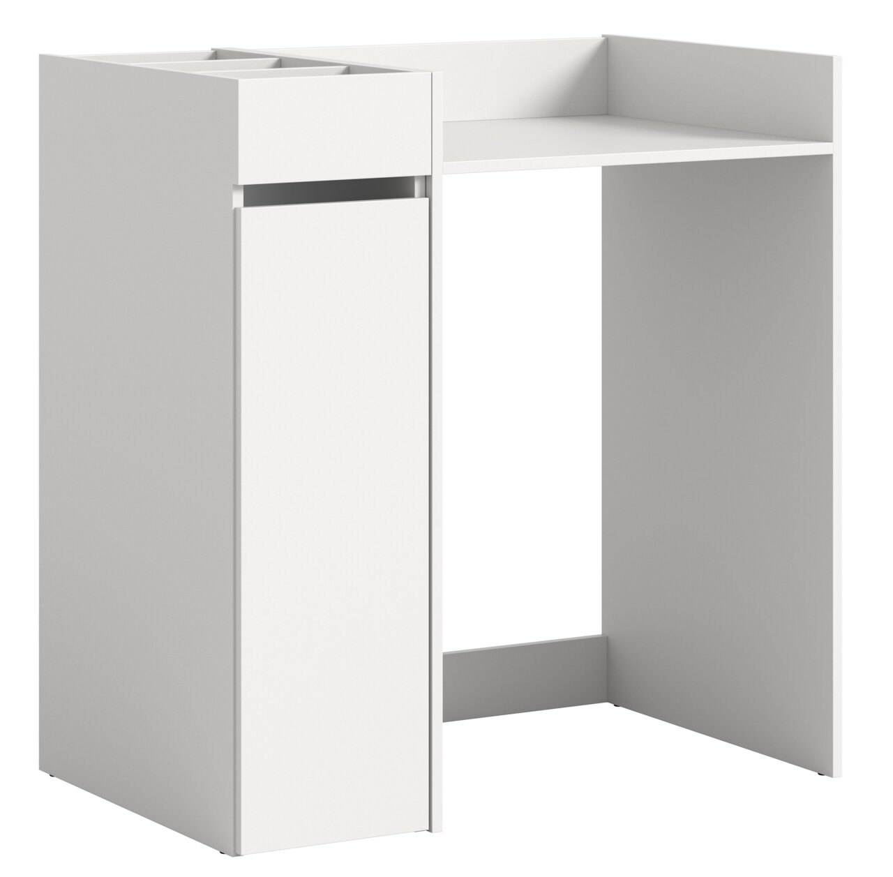 Weißes Waschmaschinenumbau-Set in seitlicher Perspektive mit Stauraum und Arbeitsfläche.